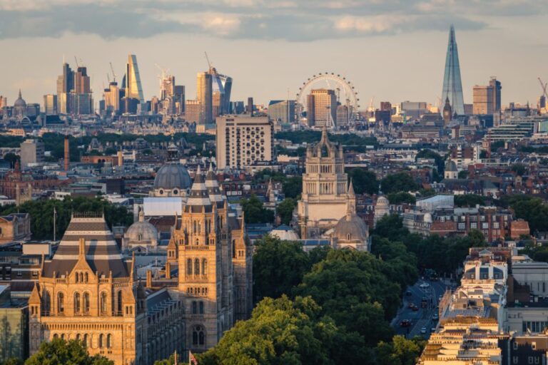 An aerial view of London, showing impressive properties and historical buildings landlords leaving london