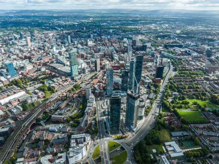 birdseye view of a city in england